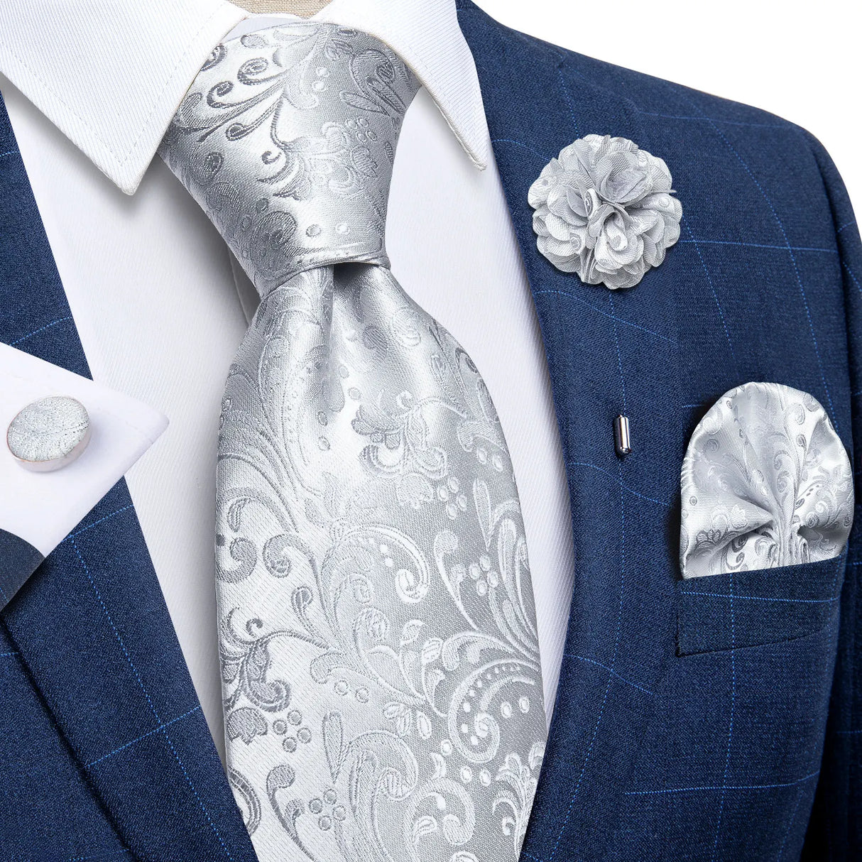 silver floral silk tie