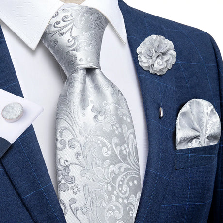 silver floral silk tie