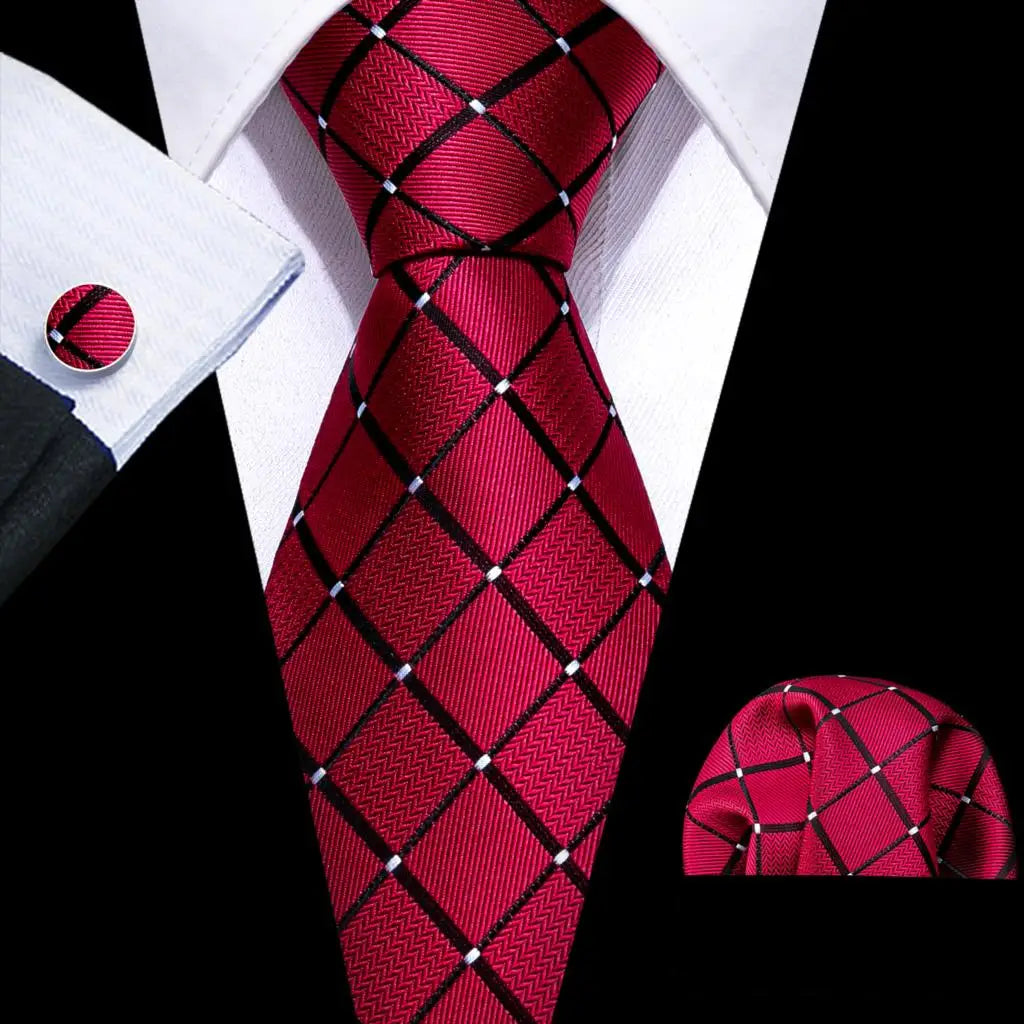 Red Rose Silk Pocket Square Cufflinks Set Men's Tie