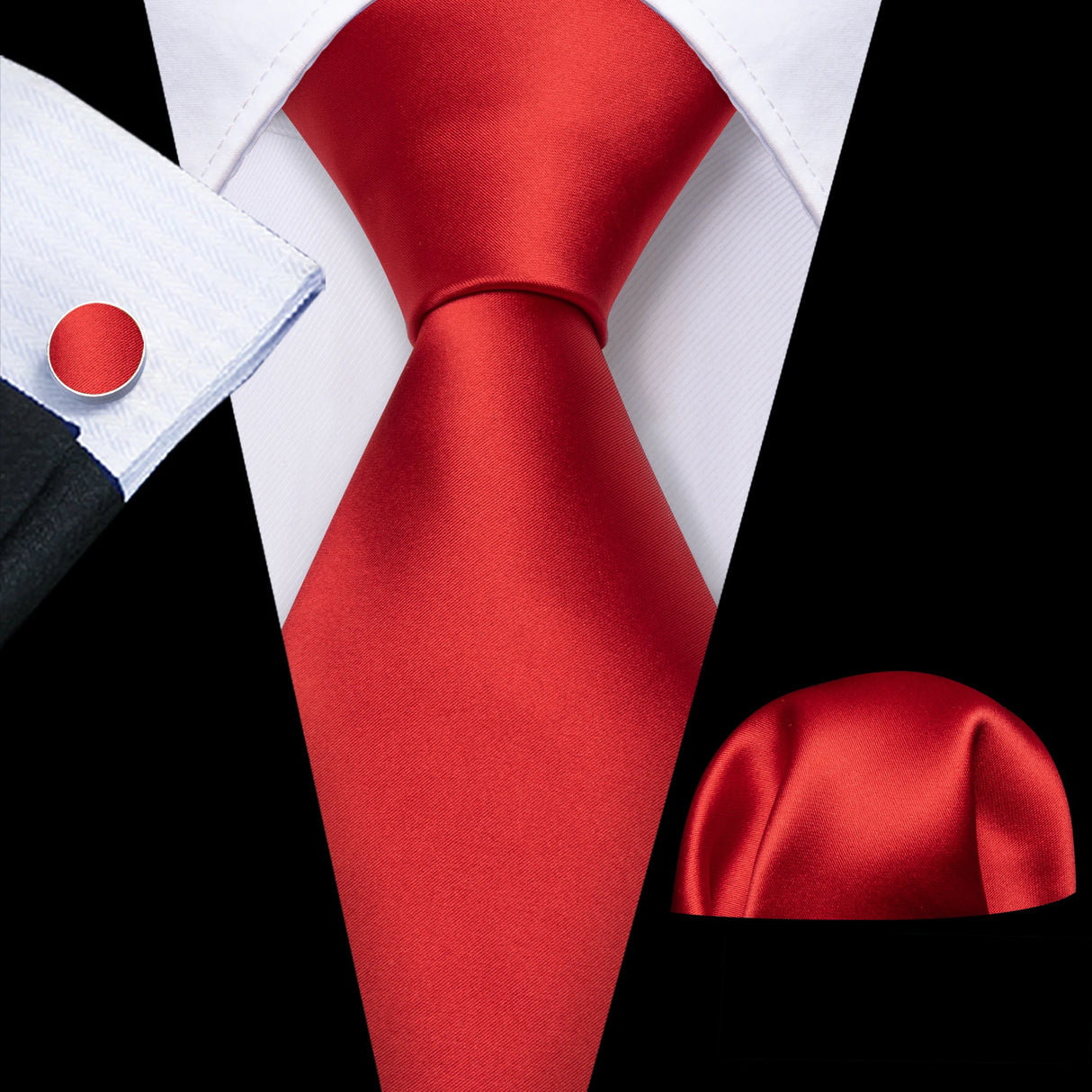 Red Rose Silk Pocket Square Cufflinks Set Men's Tie