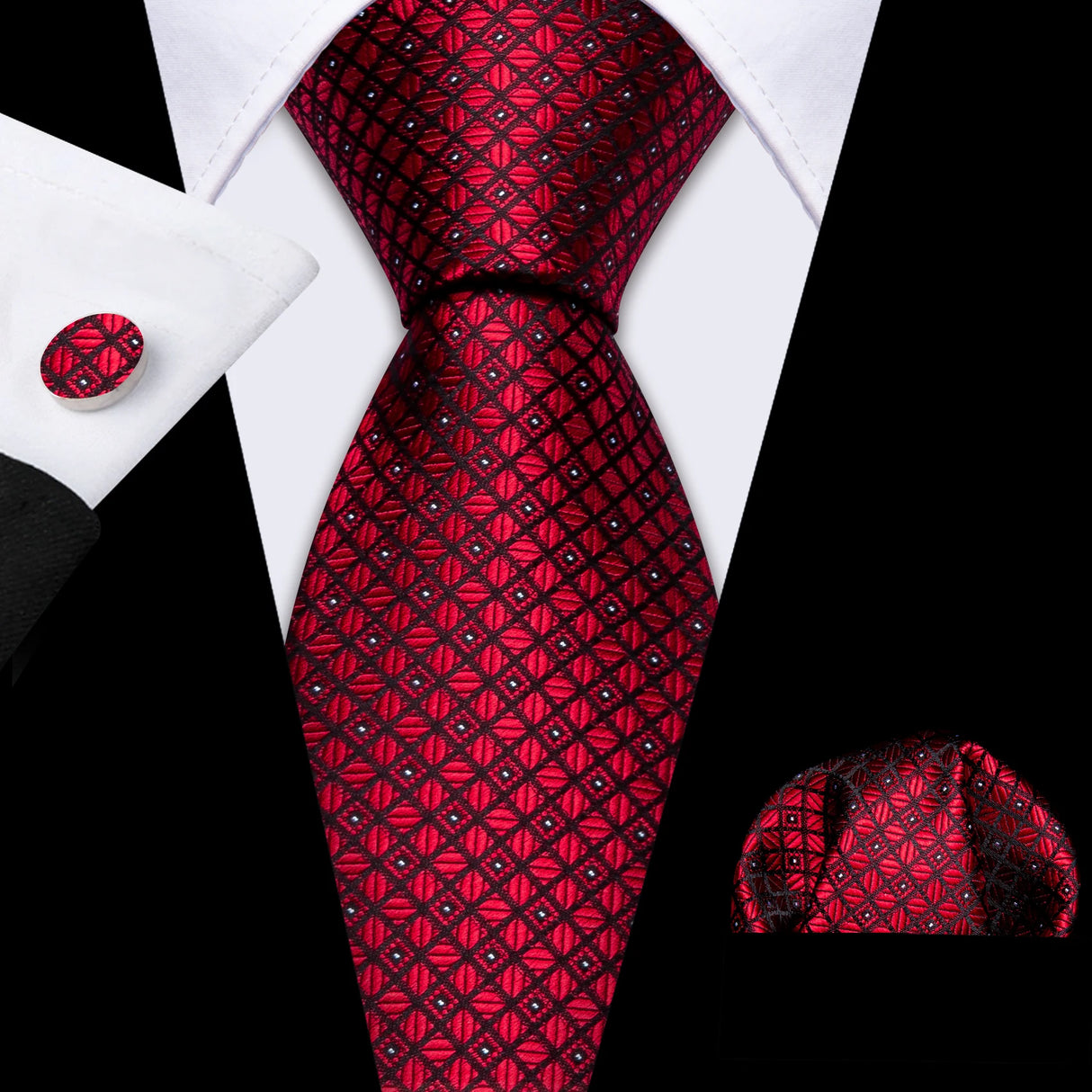 Red Rose Silk Pocket Square Cufflinks Set Men's Tie
