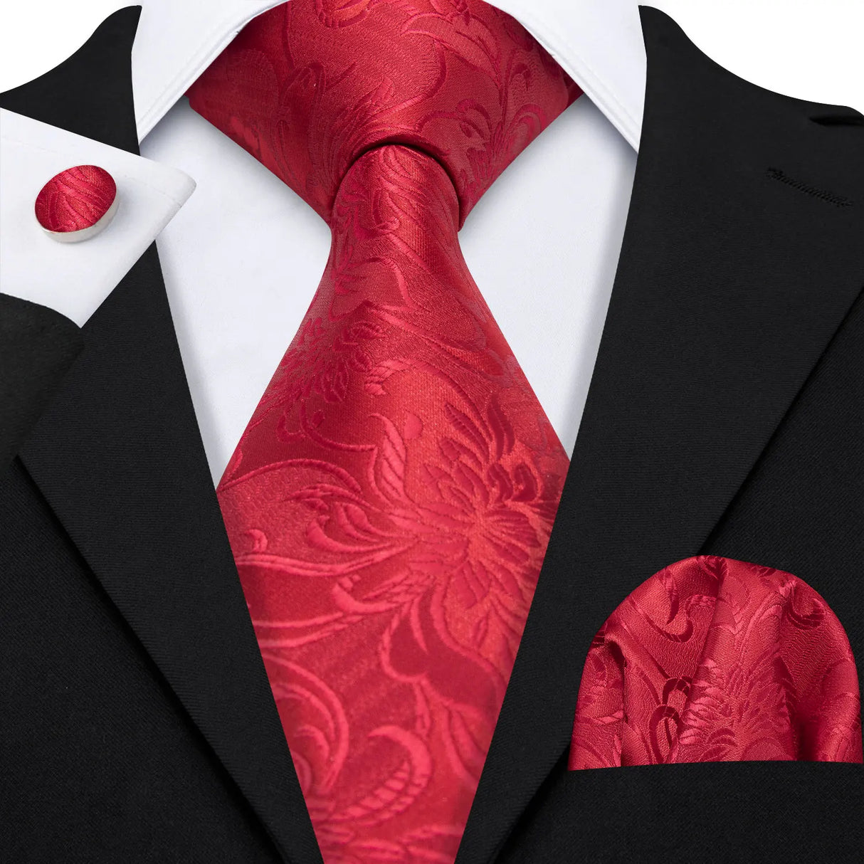 Red Rose Silk Pocket Square Cufflinks Set Men's Tie