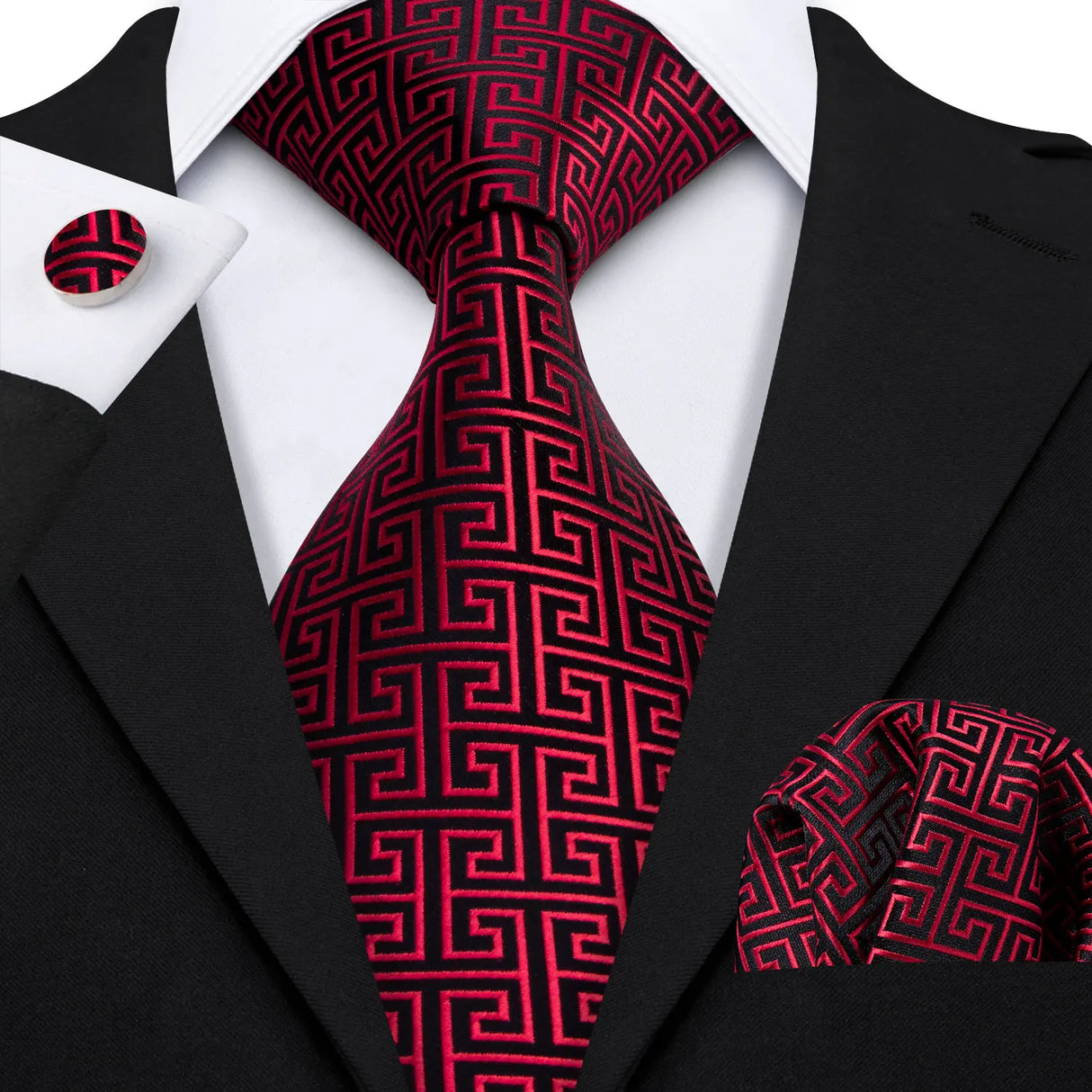 Red Rose Silk Pocket Square Cufflinks Set Men's Tie