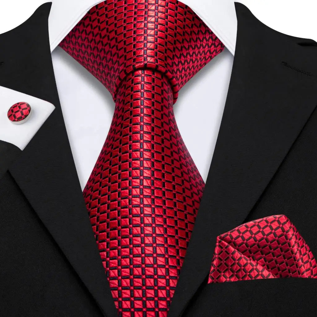 Red Rose Silk Pocket Square Cufflinks Set Men's Tie