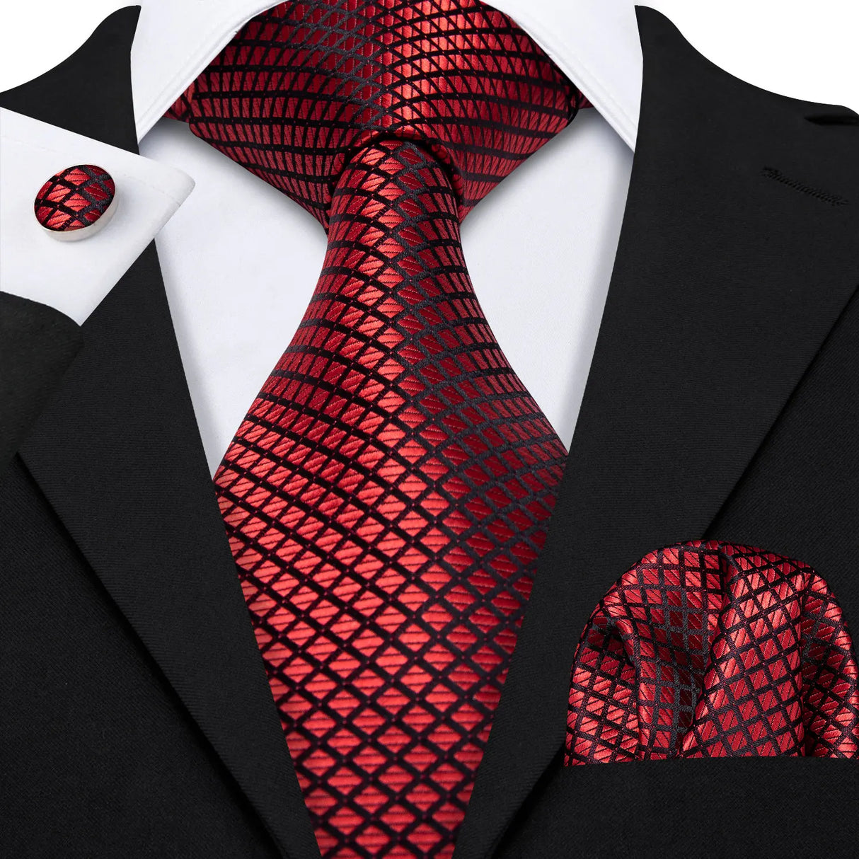 Red Rose Silk Pocket Square Cufflinks Set Men's Tie