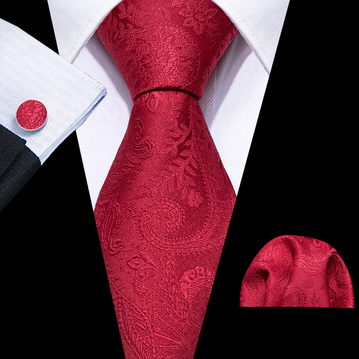 Red Rose Silk Pocket Square Cufflinks Set Men's Tie