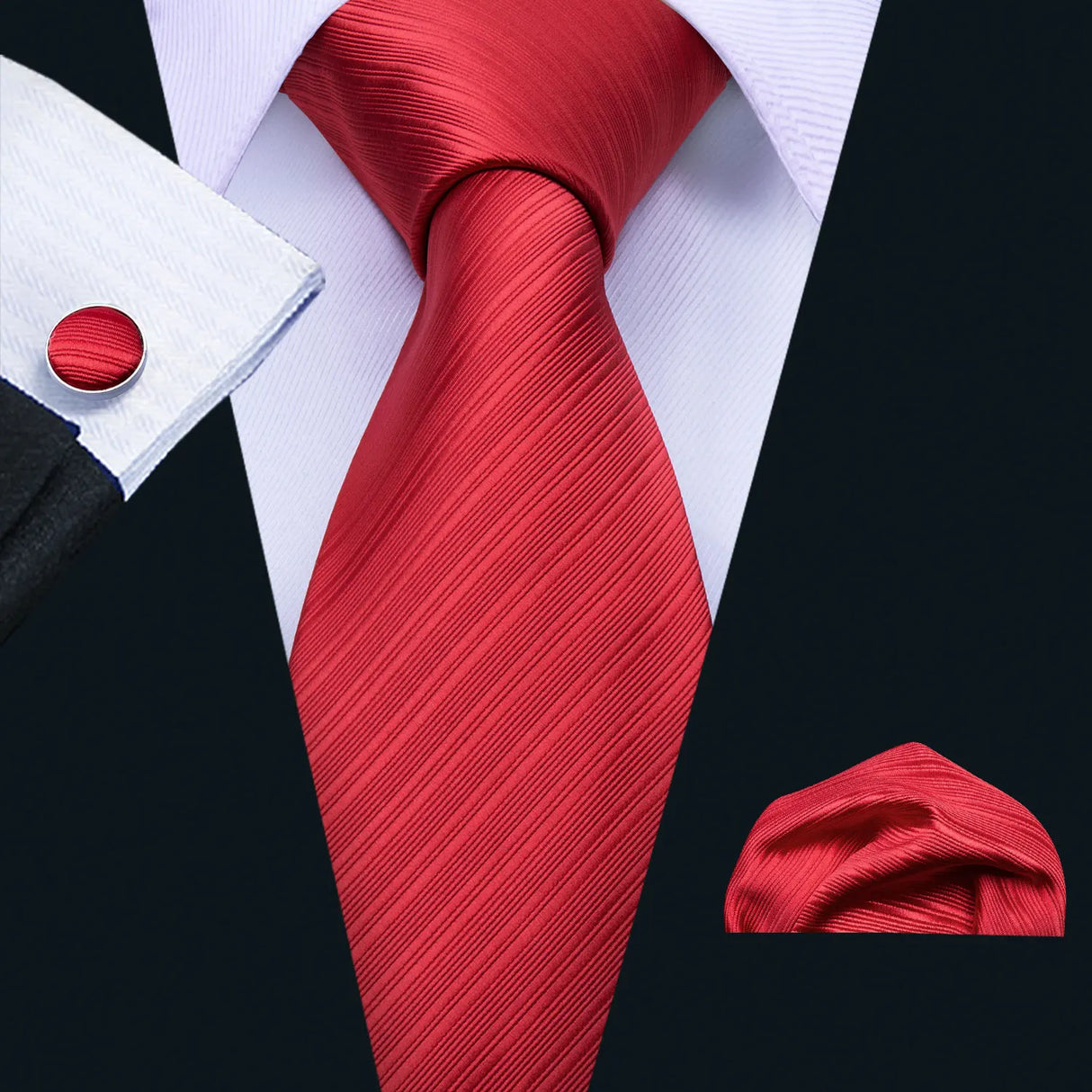 Red Rose Silk Pocket Square Cufflinks Set Men's Tie