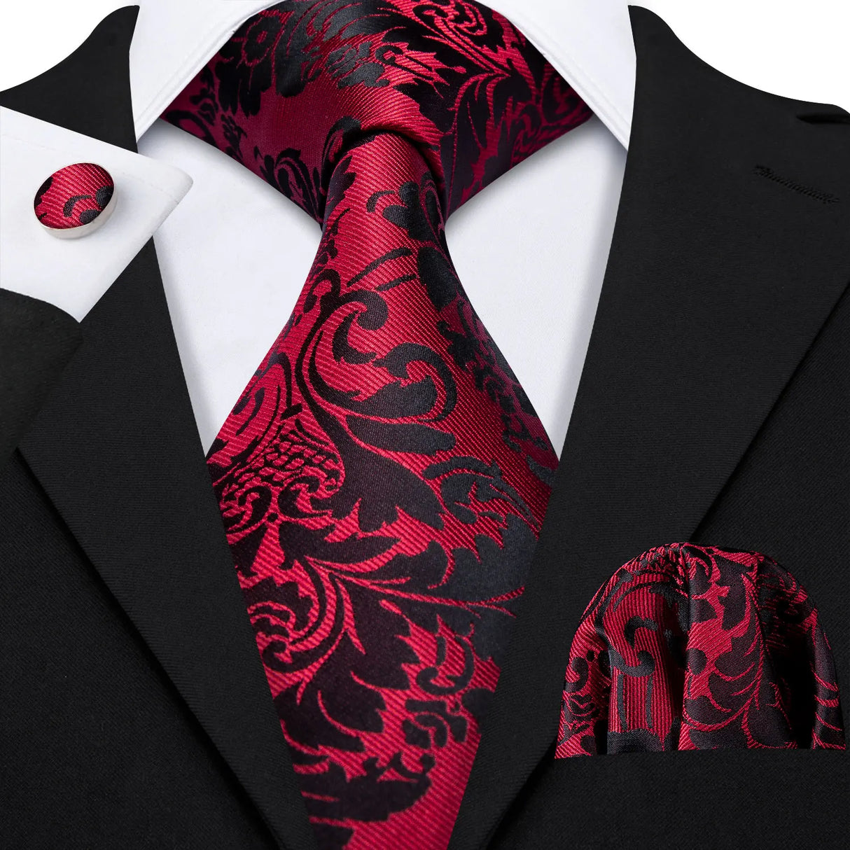 Red Rose Silk Pocket Square Cufflinks Set Men's Tie