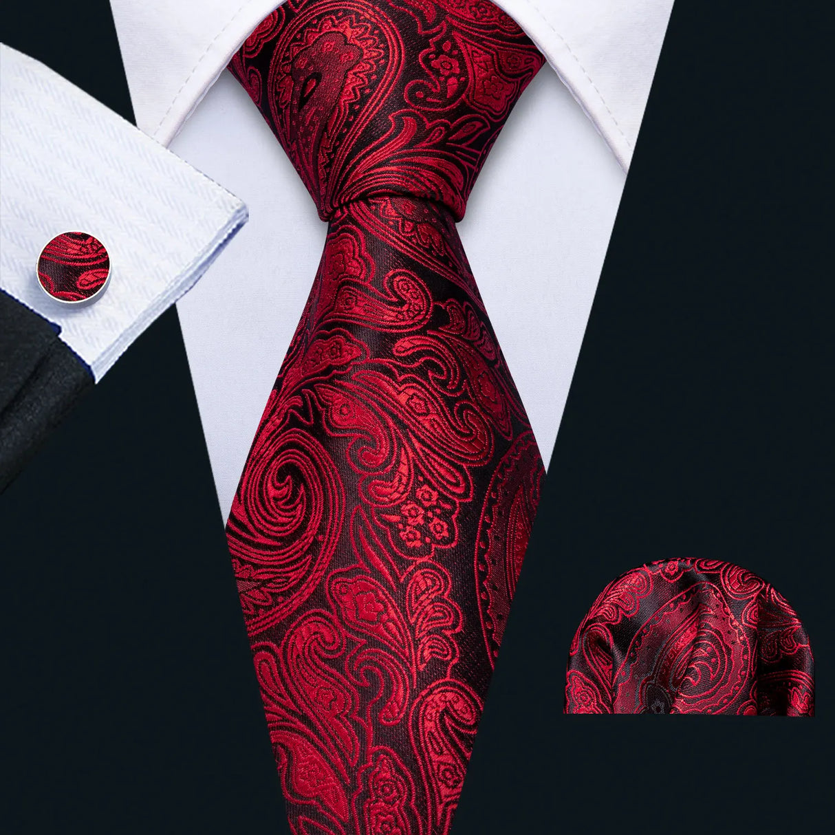 Red Rose Silk Pocket Square Cufflinks Set Men's Tie