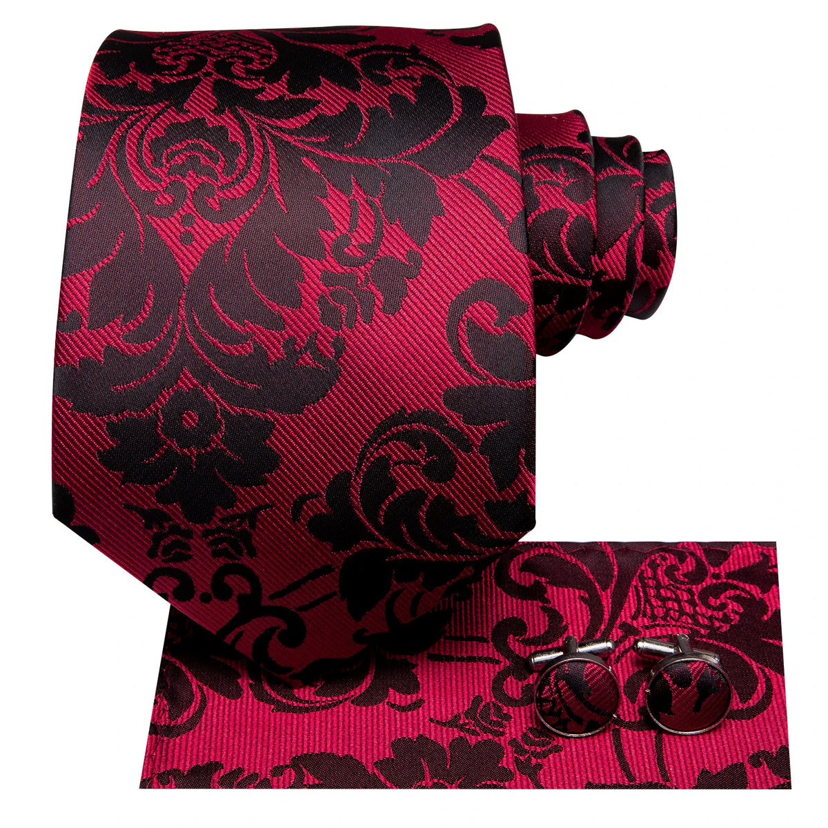 Red Striped Paisley Solid Hanky Cufflink Tie For Men