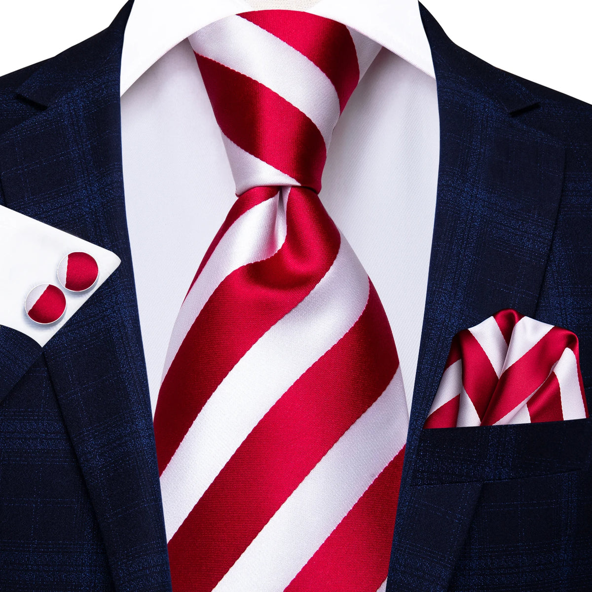 Red Striped Paisley Solid Hanky Cufflink Tie For Men