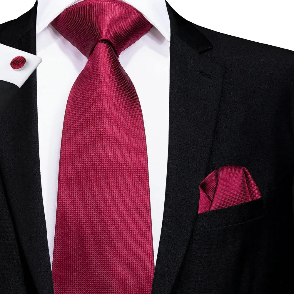 Red Striped Paisley Solid Hanky Cufflink Tie For Men