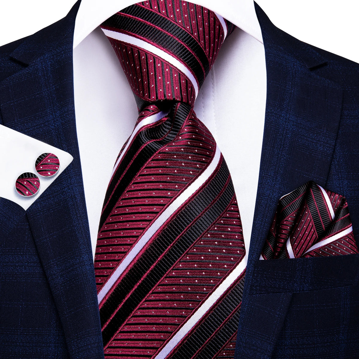 Red Striped Paisley Solid Hanky Cufflink Tie For Men
