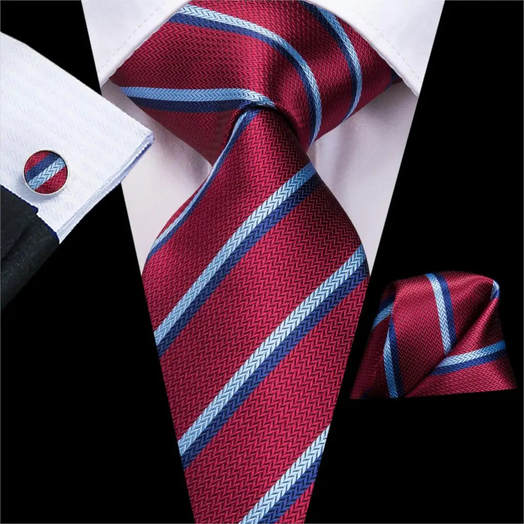 Red Striped Paisley Solid Hanky Cufflink Tie For Men
