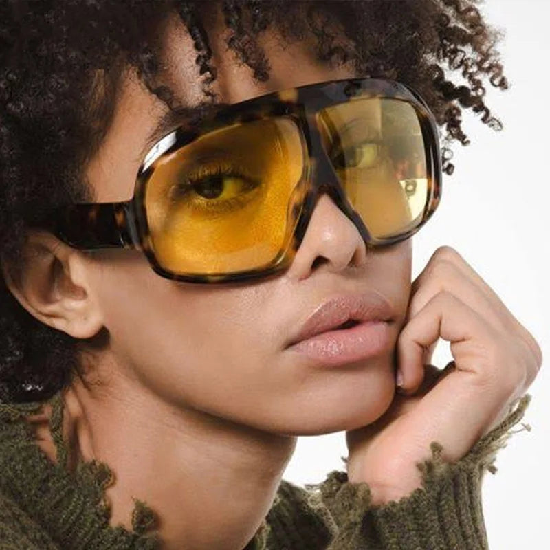 model using Retro Big Round Frame Square Sunglasses