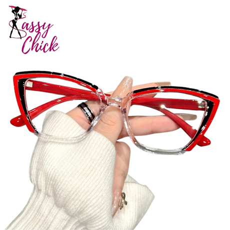 Retro Color Block Cat Eye Clear Lens Glasses Sassy Chick Logo