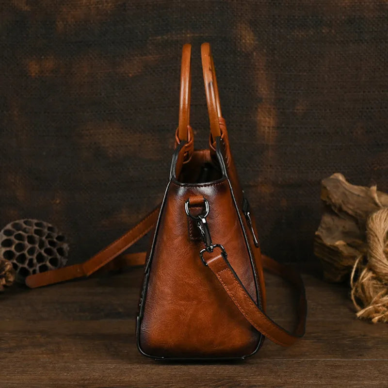 side view Retro Embossed Large Capacity Leather Women Handbag