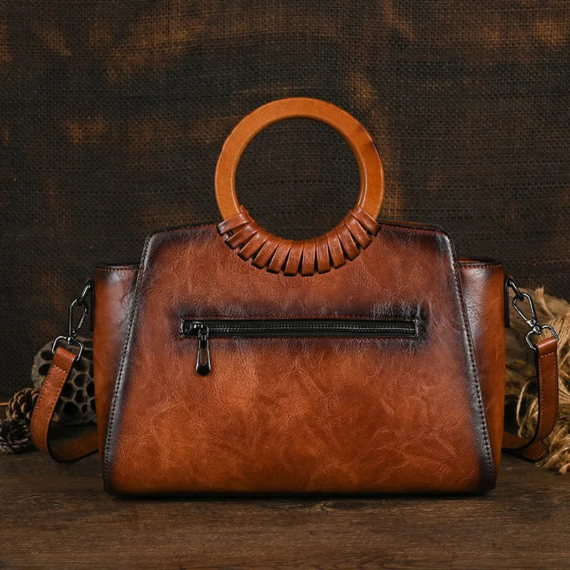 Back view Retro Embossed Large Capacity Leather Women Handbag