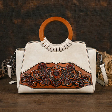 White Retro Embossed Large Capacity Leather Women Handbag