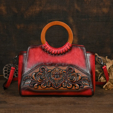 red Retro Embossed Large Capacity Leather Women Handbag