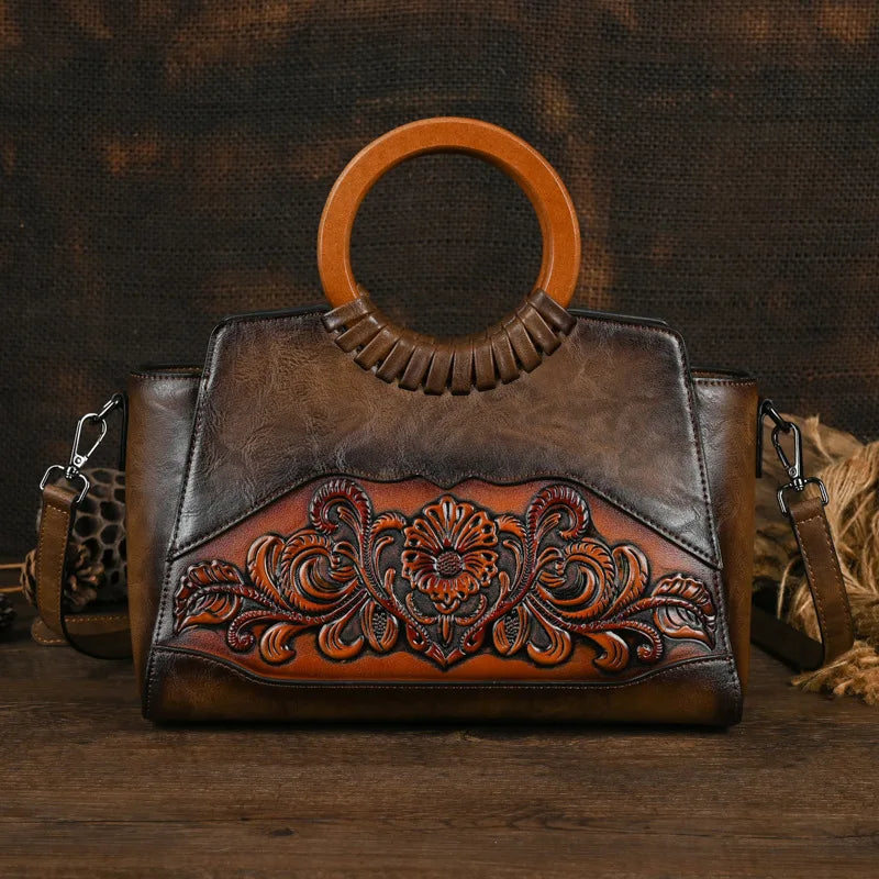 brown Retro Embossed Large Capacity Leather Women Handbag