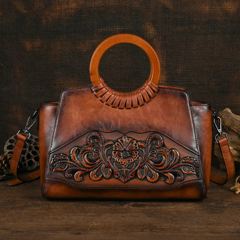 brown Retro Embossed Large Capacity Leather Women Handbag