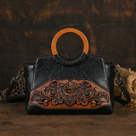 black Retro Embossed Large Capacity Leather Women Handbag