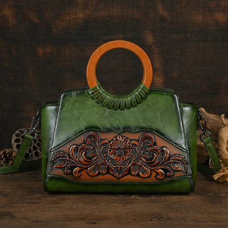 green Retro Embossed Large Capacity Leather Women Handbag
