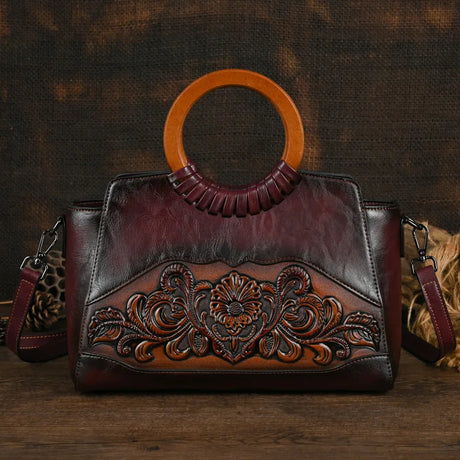 red Retro Embossed Large Capacity Leather Women Handbag