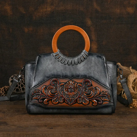 Grey Retro Embossed Large Capacity Leather Women Handbag