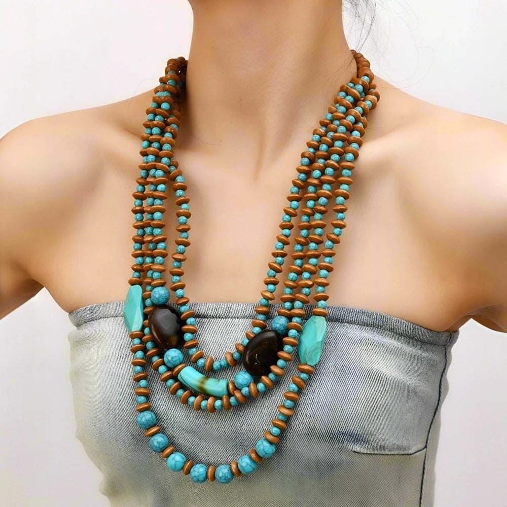 Model Using Retro Ethnic Multi-layer Wooden Beads African Jewelry