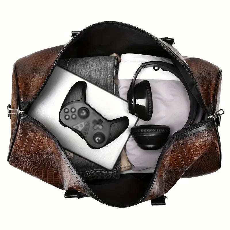 Compartment of Retro Large Capacity Crocodile-Textured Travel Duffel Bag