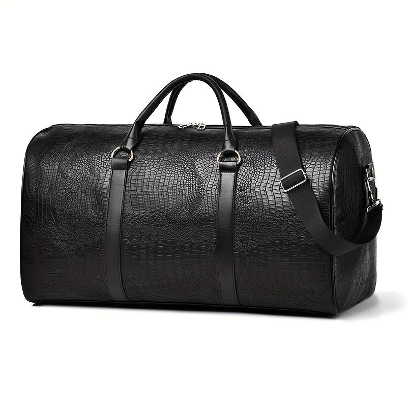 Black Retro Large Capacity Crocodile-Textured Travel Duffel Bag
