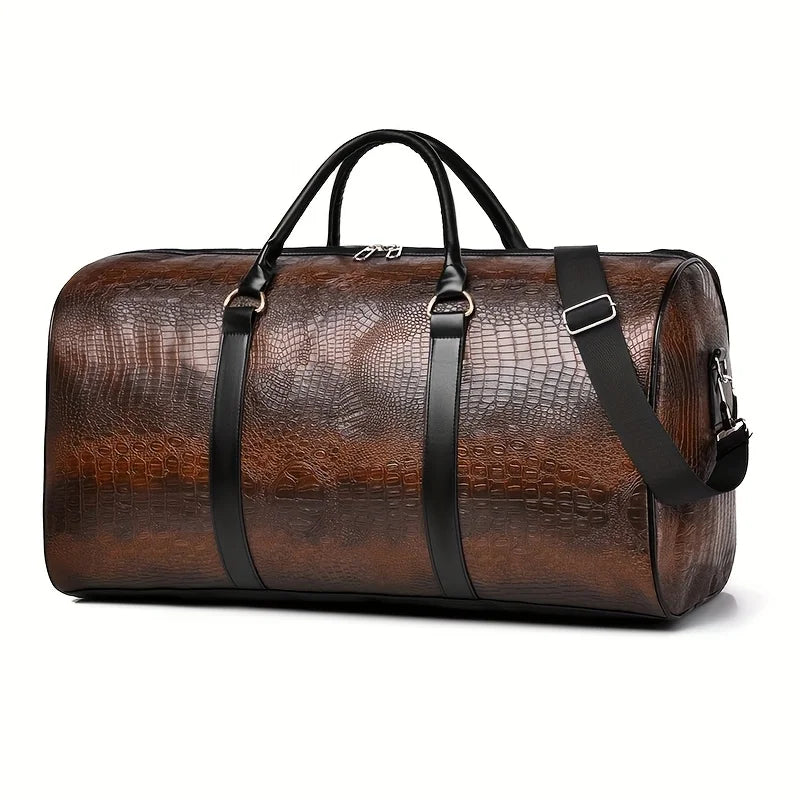 Brown Retro Large Capacity Crocodile-Textured Travel Duffel Bag