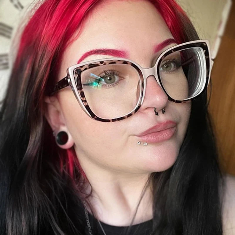 Model Using Retro Leopard Titanium Cat Eye Anti Blue Light Glasses