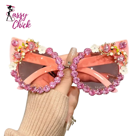 Rhinestone Cat Eye Flower Sunglasses Sassy Chick Logo