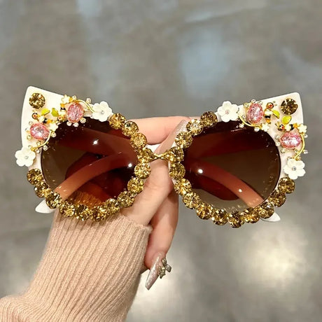 brown Rhinestone Cat Eye Flower Sunglasses