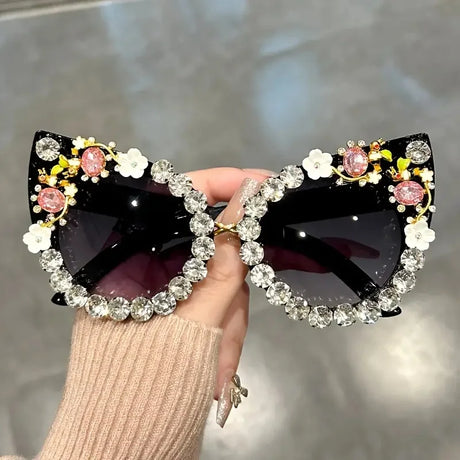 black Rhinestone Cat Eye Flower Sunglasses