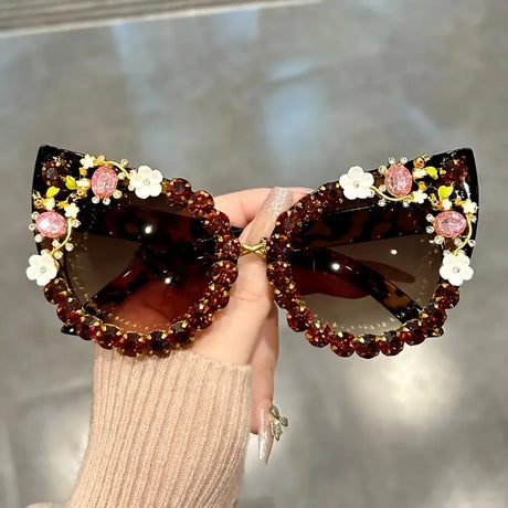 brown Rhinestone Cat Eye Flower Sunglasses