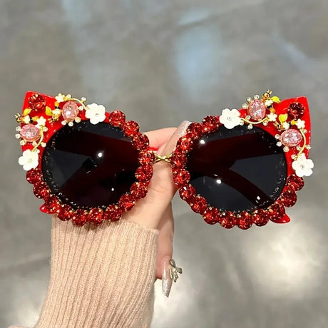 red Rhinestone Cat Eye Flower Sunglasses