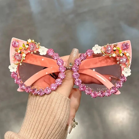pink Rhinestone Cat Eye Flower Sunglasses