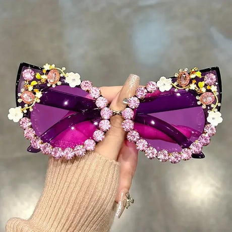 purple Rhinestone Cat Eye Flower Sunglasses