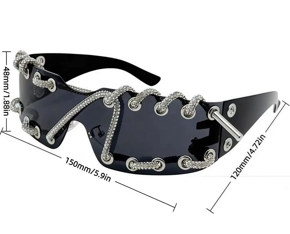 Size of Rhinestone Chain Punk Retro Cool Trendy Sunglasses