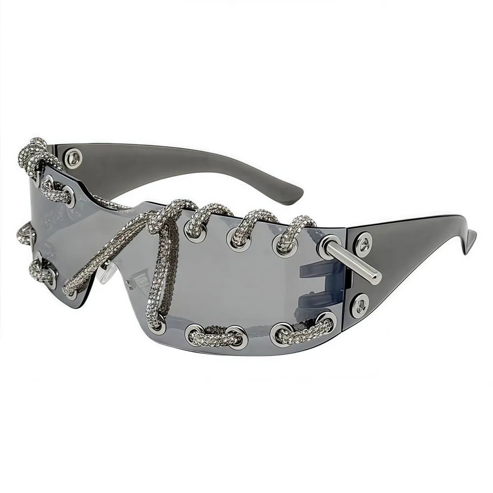 Gray Rhinestone Chain Punk Retro Cool Trendy Sunglasses