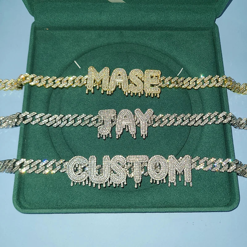Rhinestone Cuban Chain Necklace Drip Letter Hip Hop Jewelry