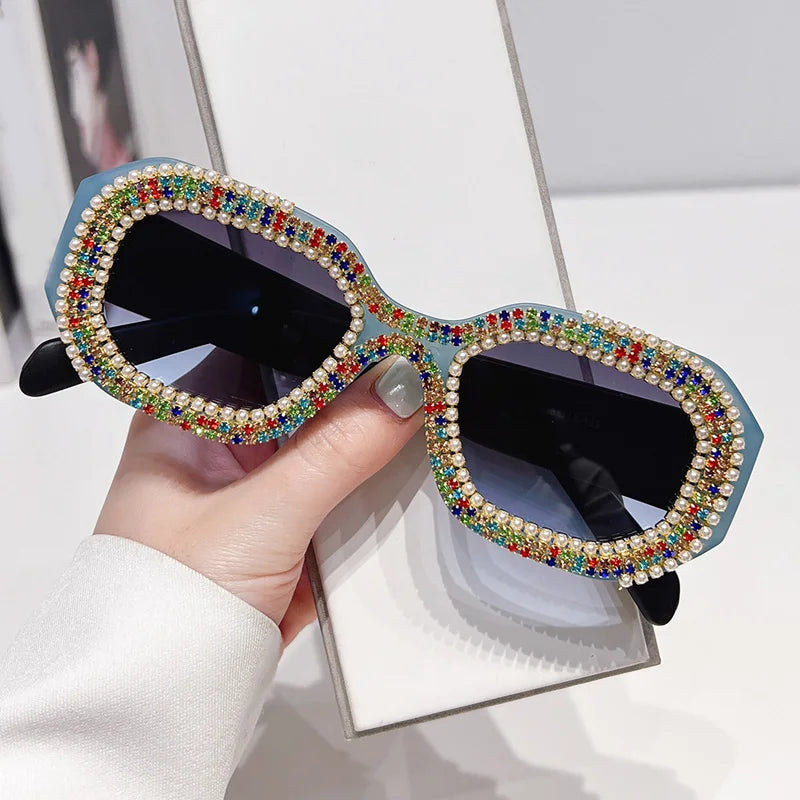 Blue Rhinestone Diamond Square Sunglasses