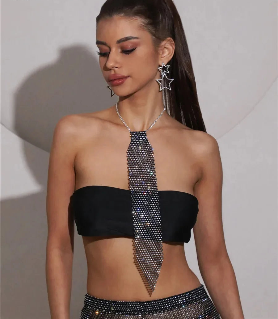 model using Rhinestone Fishnet Tie