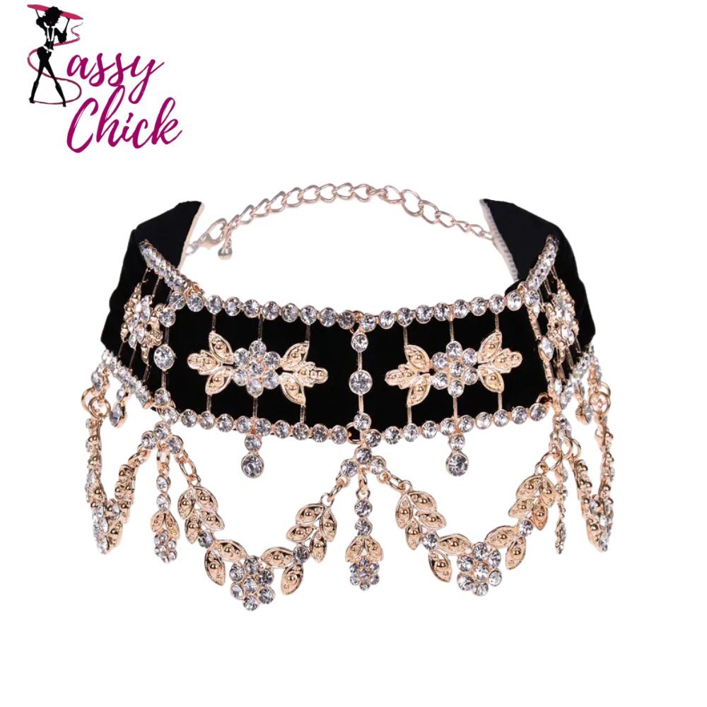 Rhinestone Flower Ribbon Collar Choker Sassy Chick Logo