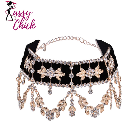 Rhinestone Flower Ribbon Collar Choker Sassy Chick Logo