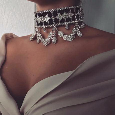 Rhinestone Flower Ribbon Collar Choker model using